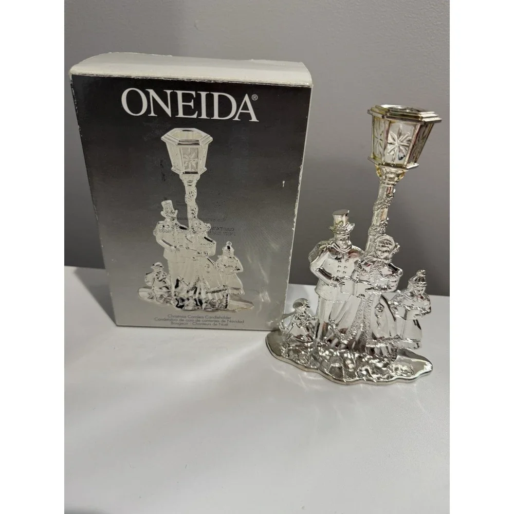 Vtg Christmas Candleholder Carolers‎ Silverplate Mom Dad Kids Dog Oneida Holiday